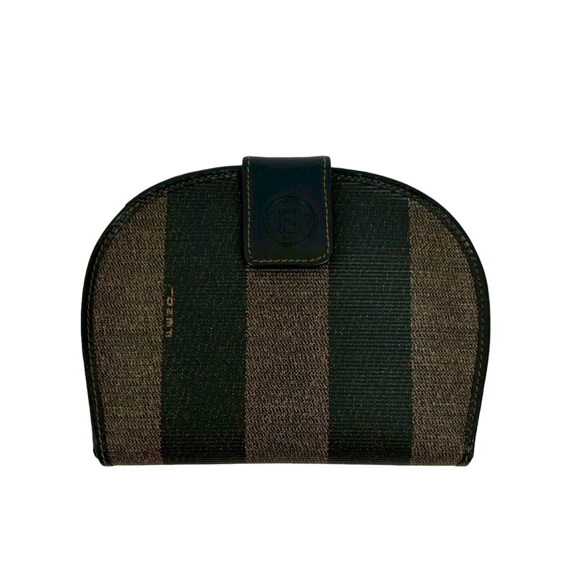 Fendi Pequin Pattern Stripe Logo Leather Bi-Fold Wallet Mini Coin Purse Black...
